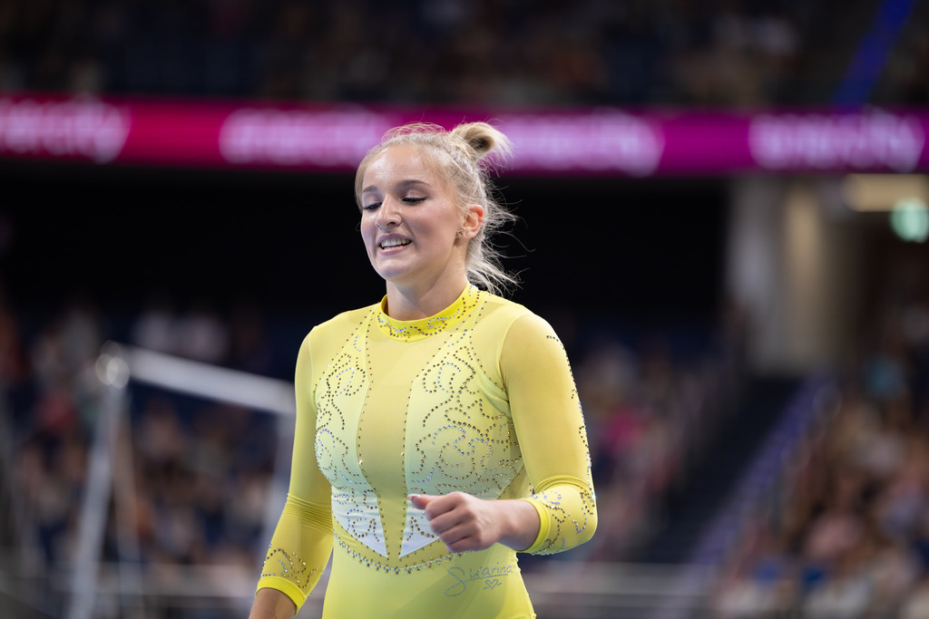 DM Finals 2026; Deutsche Meisterschaft im Gerätturnen 2026, Mehrkampf Frauen | DM Finals 2026; Deutsche Meisterschaft im Gerätturnen 2026, Mehrkampf Frauen***Karina Schönmaier nach ihrer Übung am Boden - Realisiert mit Pictrs.com