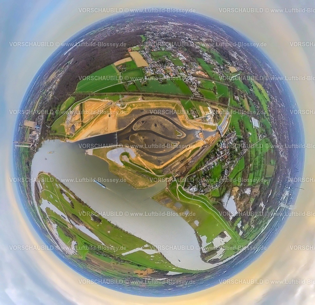 Dinslaken230328_7neueEmschermuendung | Luftbild, Neue Emschermündung in den Fluss Rhein, Kraftwerk Voerde, Renaturierung der Emscher, Neugestaltung und Umlegung der Emschermündung, Motorsegler Hoffmann H36 Dimona, Erdkugel, Fisheye Aufnahme, Fischaugen Aufnahme, 360 Grad Aufnahme, Eppinghoven, Dinslaken, Ruhrgebiet, Nordrhein-Westfalen, Deutschland