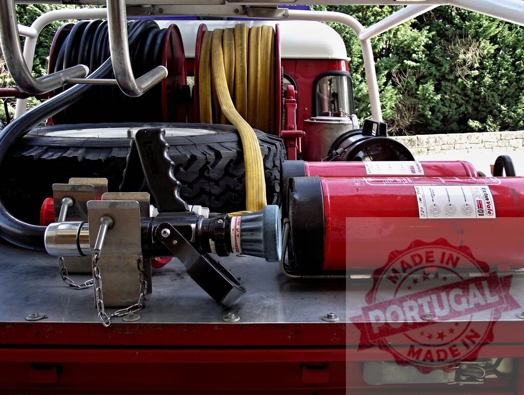 Fire engine equipment for emergency response and rescue | Firefighting equipment including hose, nozzle, and extinguisher ready for emergency services - Realized with Pictrs.com