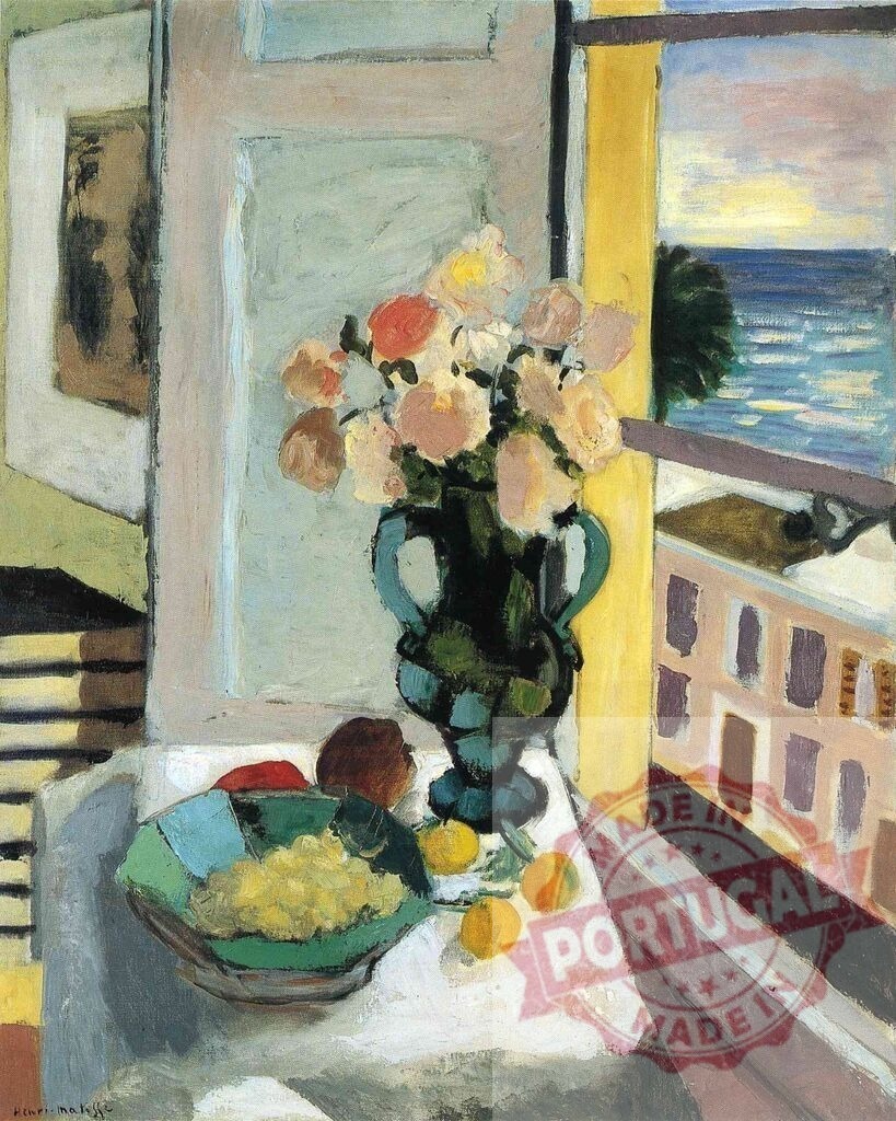 Henri Matisse still life with flowers at a window. Henri Matisse | Still life painting showing flowers, fruit, and the ocean from a window - Realized with Pictrs.com