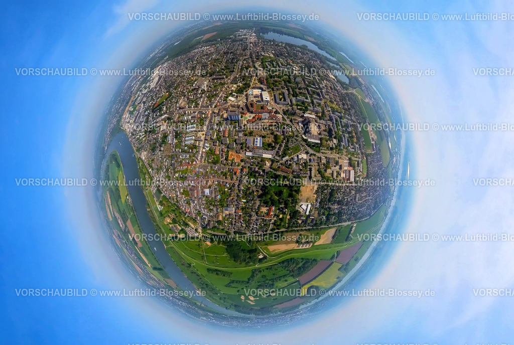 Monheim240590106 | Luftbild, Wohngebiet Ortsansicht Monheim mit Fluss Rhein, Erdkugel, Fisheye Aufnahme, Fischaugen Aufnahme, 360 Grad Aufnahme, tiny world, little planet, fisheye Bild, Monheim am Rhein, Nordrhein-Westfalen, Deutschland
