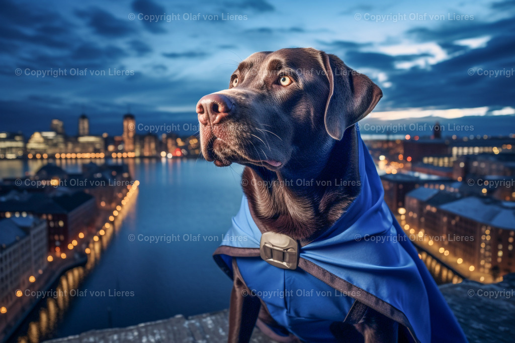 Labrador als Superhund | Labrador mit Umhang als Superheld