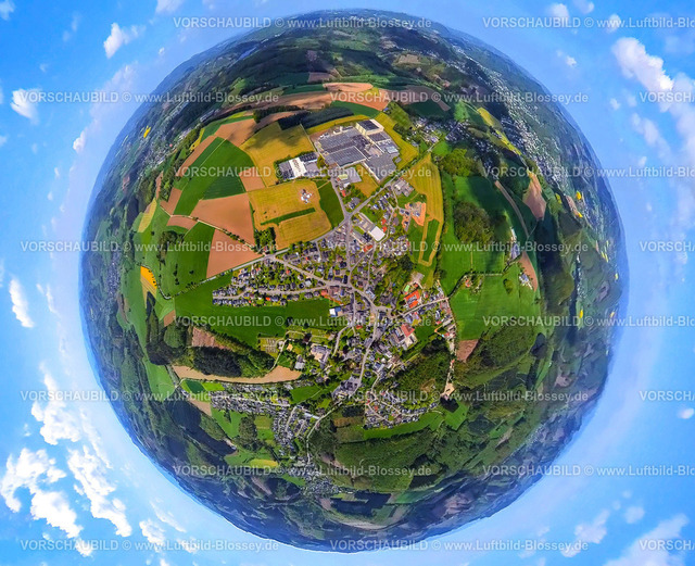 Sundern230520029Stockum | Luftbild, Ortsansicht Stockum, Tillmann Papier- und Wellpappenfabrik, Wiesen und Felder, Erdkugel, Fisheye Aufnahme, Fischaugen Aufnahme, 360 Grad Aufnahme, Hövel, Sundern, Ruhrgebiet, Nordrhein-Westfalen, Deutschland