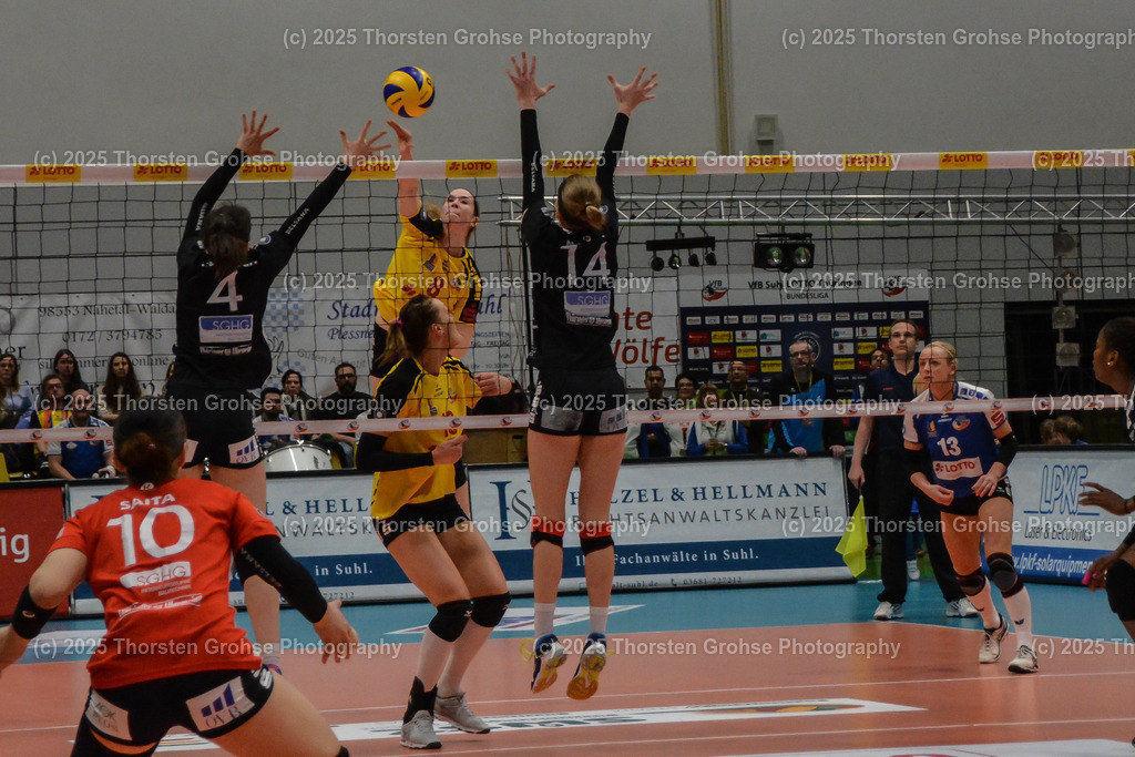 VBL VFB Suhl vs. SCHWARZ-WEISS Erfurt | (VFB Suhl) in Gelb, (Schwarz-Weiss Erfurt) in Schwarz; VBL VFB Suhl vs. SCHWARZ-WEISS Erfurt, Volleyball-Bundesliga Frauen am 17.02.2018 in der Multihalle in Meiningen, (Deutschland) - Realisiert mit Pictrs.com