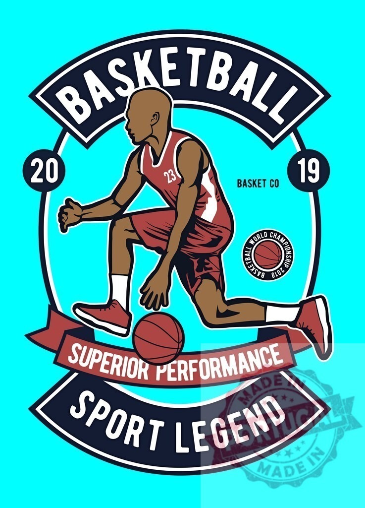 Basketball player dribbling with Sport Legend and Superior Performance text | Basketball player dribbling a ball, framed by bold text and championship graphics - Realized with Pictrs.com