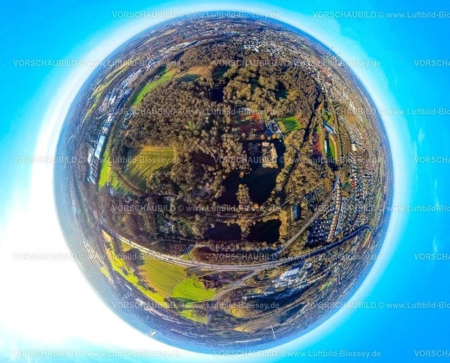 Gladbeck240190223ParkWittringen_Brillenteiche | Luftbild, Wasserschloss Wittringen, Schlosspark und Schlossteiche, Tennisplätze, Erdkugel, Fisheye Aufnahme, Fischaugen Aufnahme, 360 Grad Aufnahme, tiny world, little planet, fisheye Bild, Butendorf, Gladbeck, Ruhrgebiet, Nordrhein-Westfalen, Deutschland