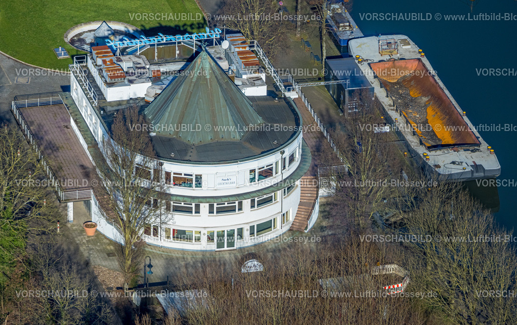 Muelheim230201168-2 | Luftbild, Sanierungsbedürftiger Wasserbahnhof an der Ruhrschleuse am Fluss Ruhr, Altstadt I - Südwest, Mülheim an der Ruhr, Ruhrgebiet, Nordrhein-Westfalen, Deutschland