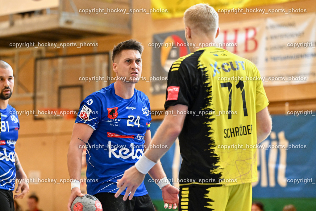 SC Ferlach vs. Bregenz Handball | #24 JOVANOVIC Mladan SC Ferlach, #71 Schröder Andreas Bregenz Handball, SC Ferlach vs. Bregenz Handball, SC Ferlach vs. Bregenz Handball am 28.09.2024 in Ferlach (Ballspielhalle Ferlach), Austria, (Photo by Bernd Stefan)
