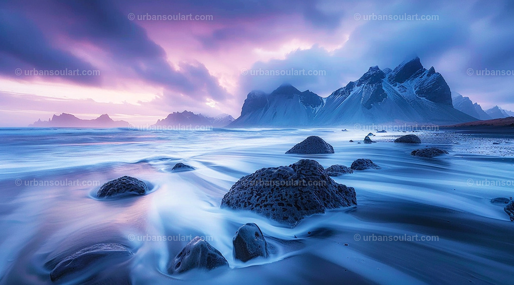 Icelandic Sunset Coast With Vibrant Colors | This vibrant Icelandic sunset paints the coast in hues of orange, pink, and purple, creating a mesmerizing play of light over the rocky shoreline and ocean waves. A captivating scene to brighten any living space. - Realisiert mit Pictrs.com