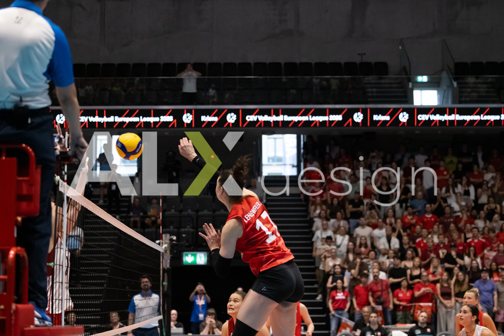 Austria v Switzerland - CEV European League Women | KRIENS, SWITZERLAND - JUNE 14: JULIE LENGWEILER of Switzerland attack / spike during the CEV European League match between Austria and Switzerland at Pilatus Arena on June 14, 2026 in Kriens, Switzerland. - Realisiert mit Pictrs.com
