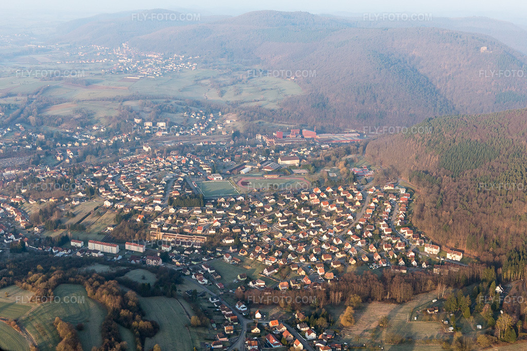 Aerial view: View of the town in Niederbronn-les-Bains in the state Bas-Rhin, France.Photo: IMG_105258.jpg taken on 03/25/2018 by Werner Riehm/FLY-FOTO.comResolution of the original: 5472 x 3648 px