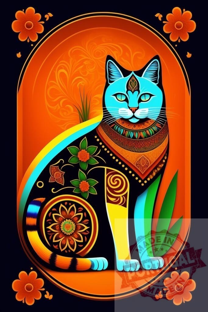 Colorful folk art cat sitting in an oval frame | Decorated cat illustration with vibrant mandala, flowers, and ornate patterns - Realisiert mit Pictrs.com