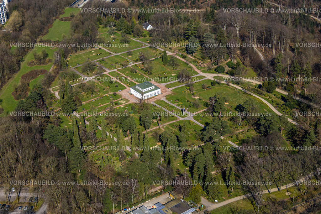 Velbert240301761 | Luftbild, Waldfriedhof Gräberfeld und Trauerhalle, Autobahn A44 mit Tunnel am Autobahndreieck Velbert-Nord, Hochhaus Wohnsiedlung, Velbert, Ruhrgebiet, Nordrhein-Westfalen, Deutschland