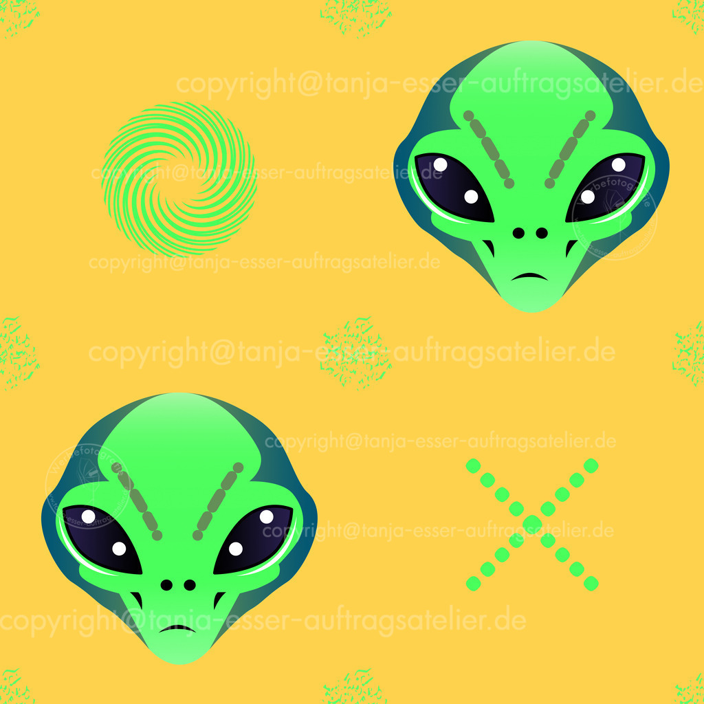 192 a Muster Alien in Neonfarben D | Trendiges nahtloses Muster mit Alien Kopf und geheimnisvollen grünen Zeichen. Science Fiktion. Neonfarbiger greller glatter Hintergrund. Geeignet für Geschenkpapier, Tapete, Textilien.