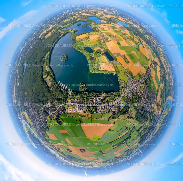 Duisburg230790204_Loheidesee | Luftbild, Lohheidesee, Naherholungsgebiet Baerler Busch, Erdkugel, Fisheye Aufnahme, Fischaugen Aufnahme, 360 Grad Aufnahme, tiny world, Baerl, Duisburg, Ruhrgebiet, Nordrhein-Westfalen, Deutschland
