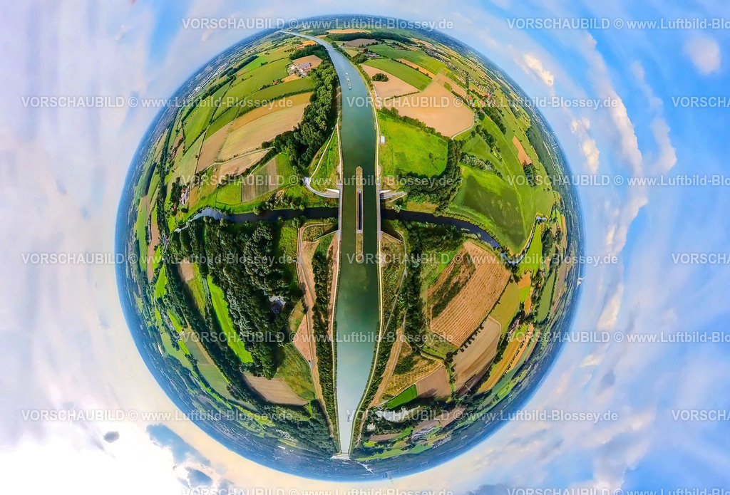 Datteln240890010Lippe_Dortmund-Ems-Kanal | Luftbild, Kanalbrücke Lippe Neue Fahrt, Dortmund-Ems-Kanal überquert den Fluss Lippe, Naturschutzgebiet NSG Lippeaue, Erdkugel, Fisheye Aufnahme, Fischaugen Aufnahme, 360 Grad Aufnahme, tiny world, little planet, fisheye Bild, Datteln, Olfen-Kirchspiel, Olfen, Ruhrgebiet, Nordrhein-Westfalen, Deutschland