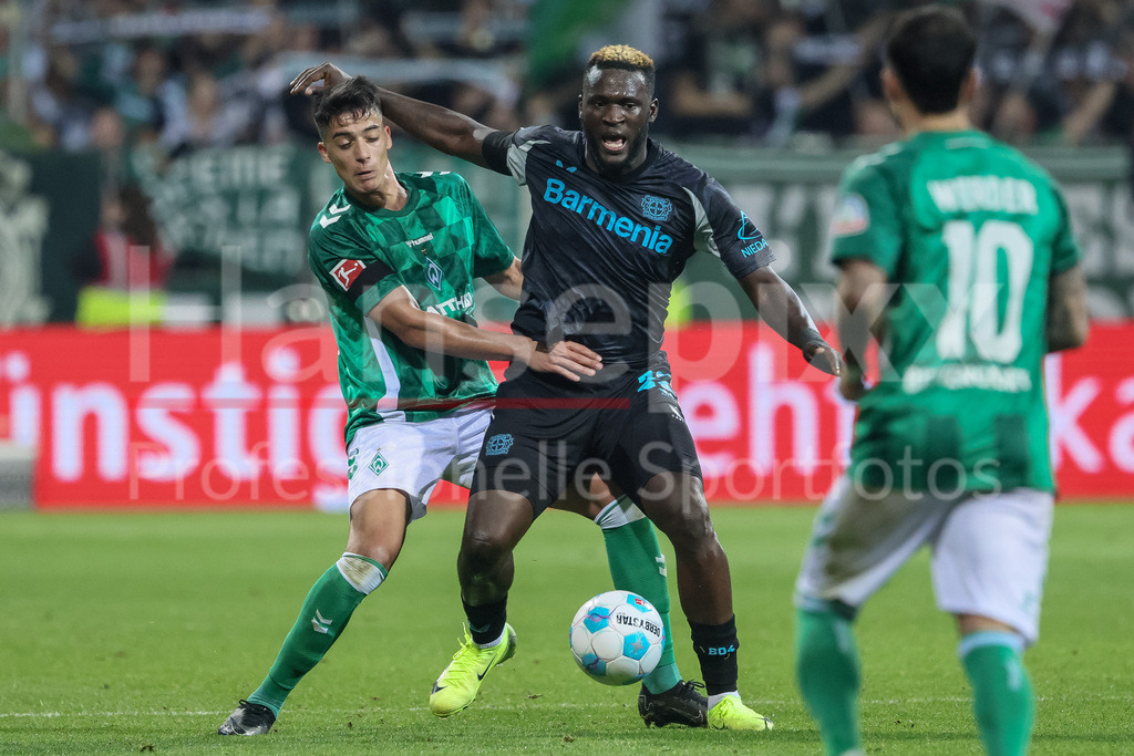 Fussball, Bundesliga, SV Werder Bremen - Bayer 04 Leverkusen | v.li.: Julian Malatini (SV Werder Bremen, 22) und Victor Boniface (Bayer 04 Leverkusen, 22) im Zweikampf, Duell, Dynamik, Aktion, Action, Spielszene, DIE DFL-RICHTLINIEN UNTERSAGEN JEGLICHE NUTZUNG VON FOTOS ALS SEQUENZBILDER UND/ODER VIDEOÄHNLICHE FOTOSTRECKEN. DFL REGULATIONS PROHIBIT ANY USE OF PHOTOGRAPHS AS IMAGE SEQUENCES AND/OR QUASI-VIDEO.