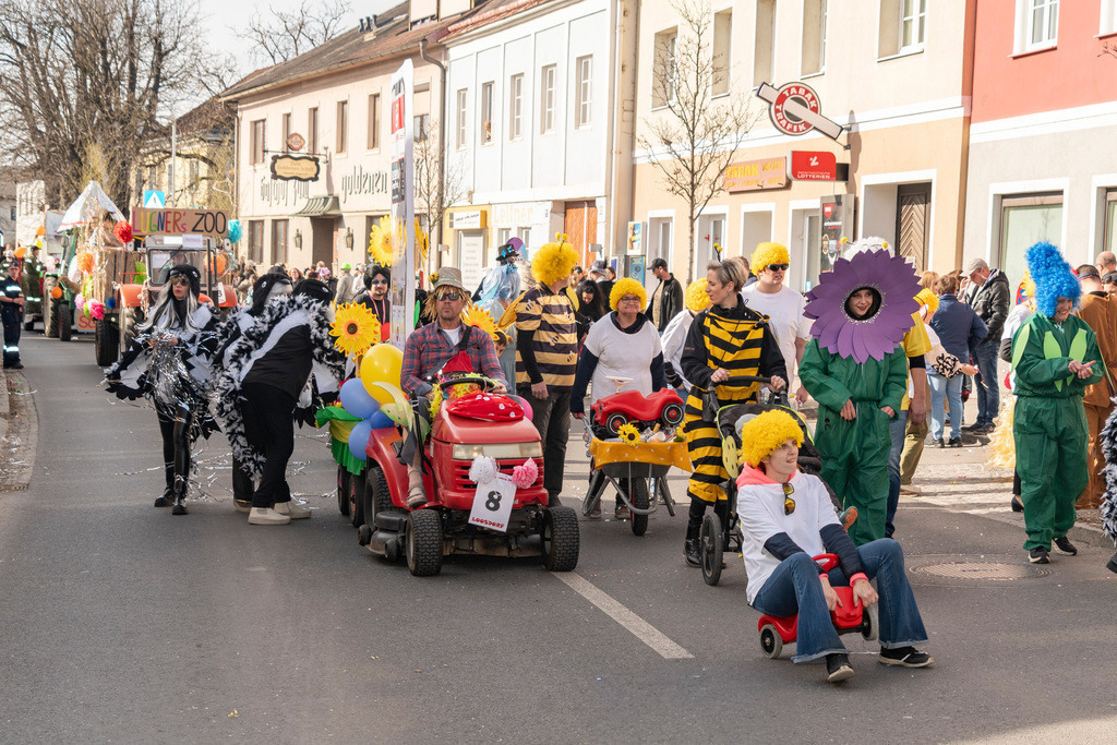 Umzug2025-076_8968 | Fotostrecke: FASCHINGSUMZUG 2025 in Loosdorf. 22 Masken(gruppen)-Teilnehmer: Loosdorfer Vereine, Wirtschaftstreibende, Gemeindeabordnungen sowie Kreditinstitute. rund 700 Besucher entlang der Hauptstrasse. Veranstaltungs-Sicherung durch Mannschaft der FF-Loosdorf mit schwerem Gerät. Maskenprämierung am EKZ-Platz durch Bgm. Thomas Vasku in den Kategorien: Bester Festwagen (Fa. gkonzept-Groissenberger; Beste Personengruppe-ASK-Loosdorf; Beste Einzelperson; Weiteste Anreise-FF Schollach;
