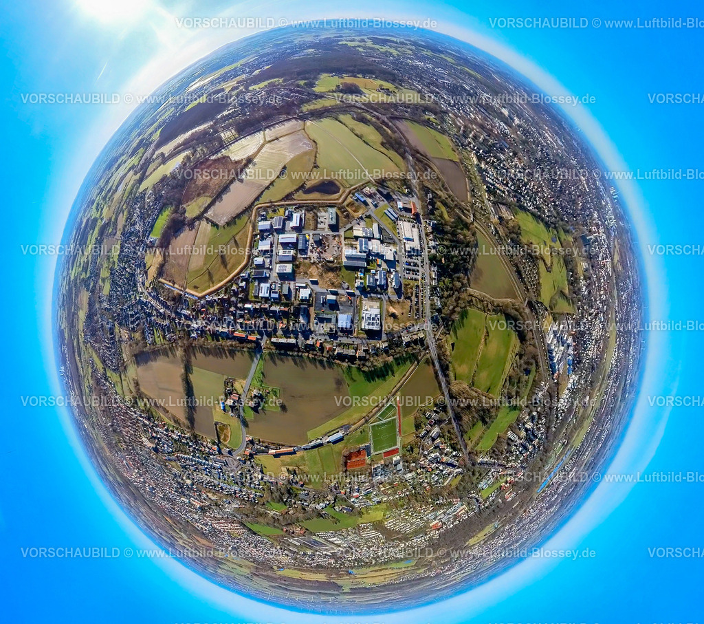 Hamm240190117GewerbegebietNordenstiftsweg | Luftbild, Gewerbegebiet Herbert-Rust-Weg, Ahse-Damm Soester Straße, Wohngebiet und Wiesen und Felder, Erdkugel, Fisheye Aufnahme, Fischaugen Aufnahme, 360 Grad Aufnahme, tiny world, little planet, fisheye Bild, Uentrop, Hamm, Ruhrgebiet, Nordrhein-Westfalen, Deutschland