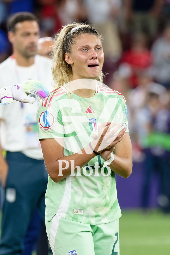 England v Italy - UEFA Women's EURO 2025 Semi-Final | GENEVA, SWITZERLAND - JULY 22:  Michela Cambiaghi of Italy cries after losing  during the UEFA Women's EURO 2025 Semi-Final match between England and Italy at Stade de Geneve on July 22, 2025 in Geneva, Switzerland. (Photo by Giuseppe Velletri/Sports Press Photo/Getty Images)