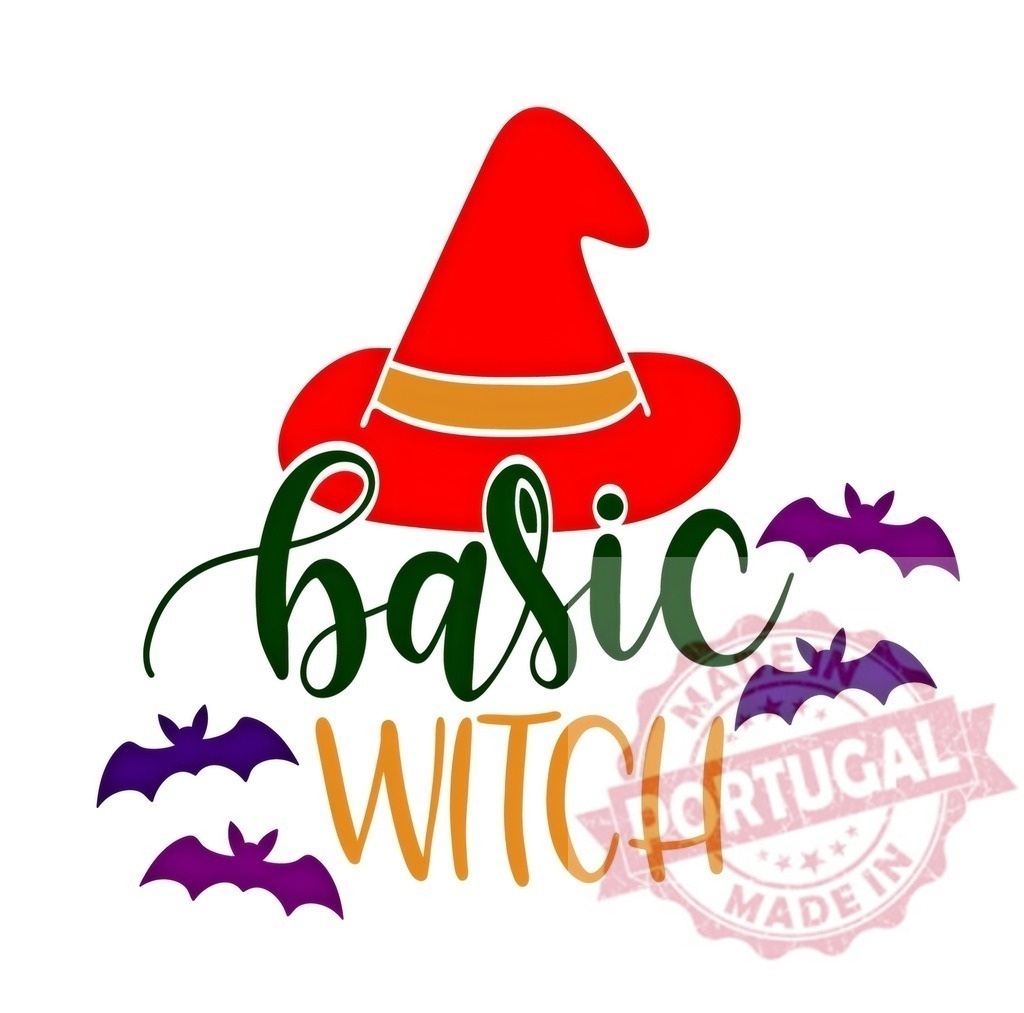Basic Witch Halloween fun typography with bats and hat | Halloween typography design with a red witch hat, basic witch text, and flying bats - Realized with Pictrs.com