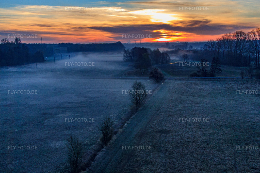 Luftbild: Otterbachniederung im Morgendunst bei Sonnenaufgang in Minfeld im Bundesland Rheinland-Pfalz in Deutschland.Foto: IMG_63010.jpg vom 20.03.2014 durch Werner Riehm/FLY-FOTO.deAuflösung des Originals: 4752 x 3168 px