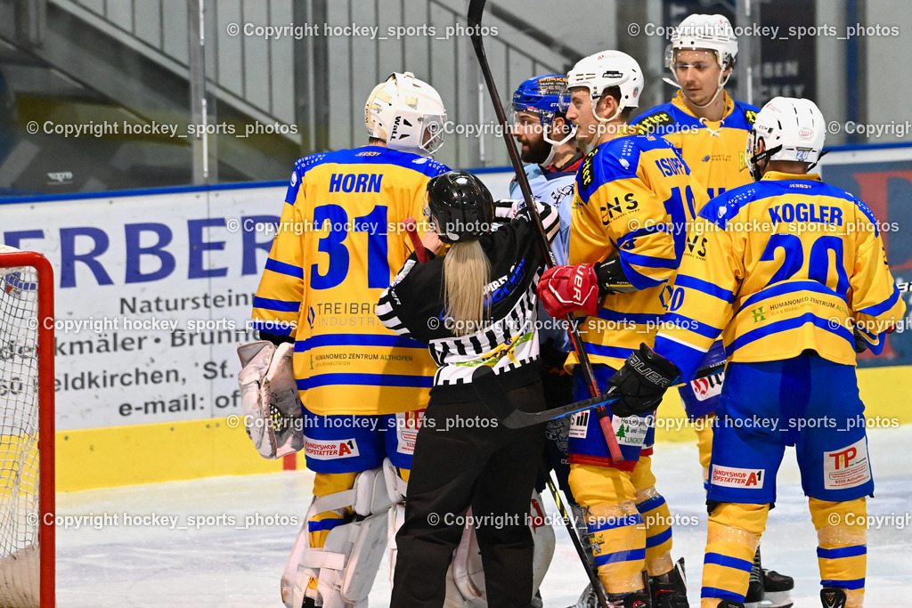 ESC Steindorf vs. EHC Althofen 22.2.2023 | #31 Horn Fabian, #15 Gasser Daniel, Klemm Anja Referee, #18 Isopp Maximilian, #89 Herrnegger Lucas
