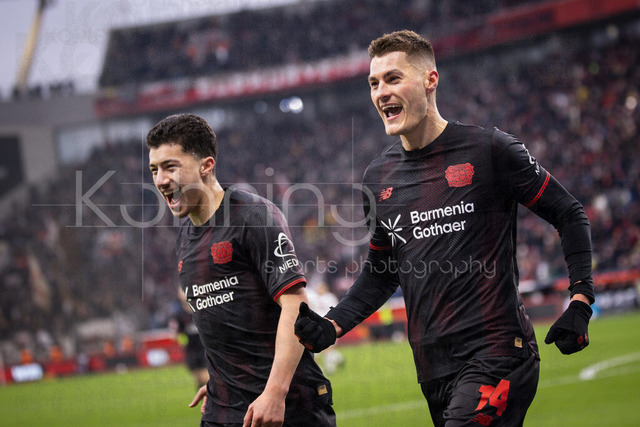 Bayer 04 Leverkusen vs. FC St. Pauli, 14.02.2026 | LEVERKUSEN, GERMANY - FEBRUARY 14:  Patrik Schick (Bayer 04 Leverkusen, 14) celebrates scoring his team's second goal with teammates during the Bundesliga match (gameday 22)  between Bayer 04 Leverkusen vs. FC St. Pauli at BayArena on February 14, 2026 in Leverkusen, Germany. (Photo by Axel Kohring/Beautiful Sports Int.)DFL REGULATIONS PROHIBIT ANY USE OF PHOTOGRAPHS AS IMAGE SEQUENCES AND/OR QUASI-VIDEO.