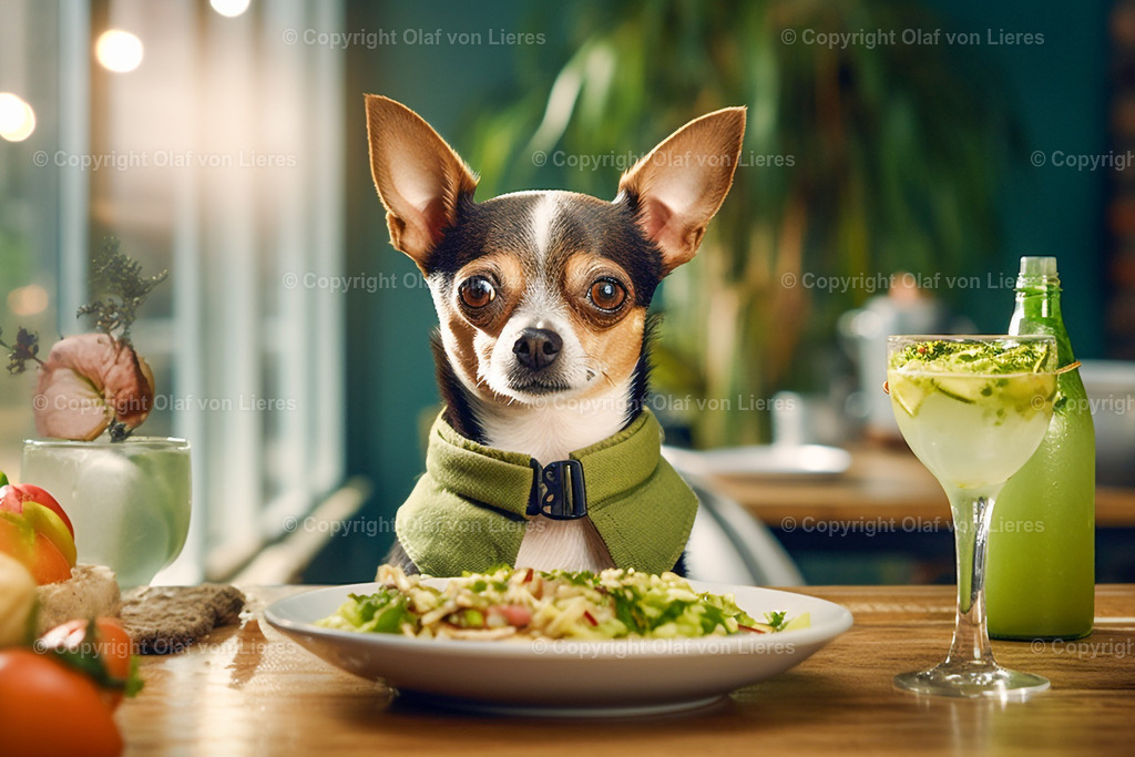 vegetarischer Hund am Esstisch | Hund mit Grünzeugs