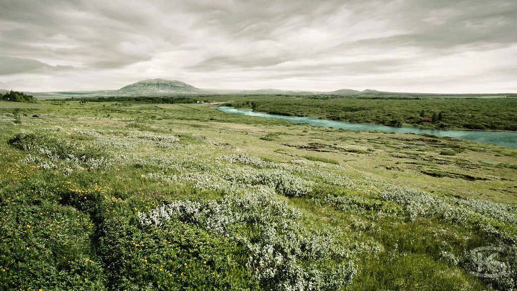 Raue Naturlandschaft im isländischen Hochland | Ein weitläufiger Blick auf eine unberührte, raue Naturlandschaft, die typisch für das isländische Hochland ist. Das Bild zeigt hügeliges, von grünem Moos und niedriger Vegetation bedecktes Gelände im Vordergrund und eine dramatische Bergkulisse unter einem grauen, bewölkten Himmel. Eine kleine rote Hütte steht einsam in der Weite. - Realisiert mit Pictrs.com