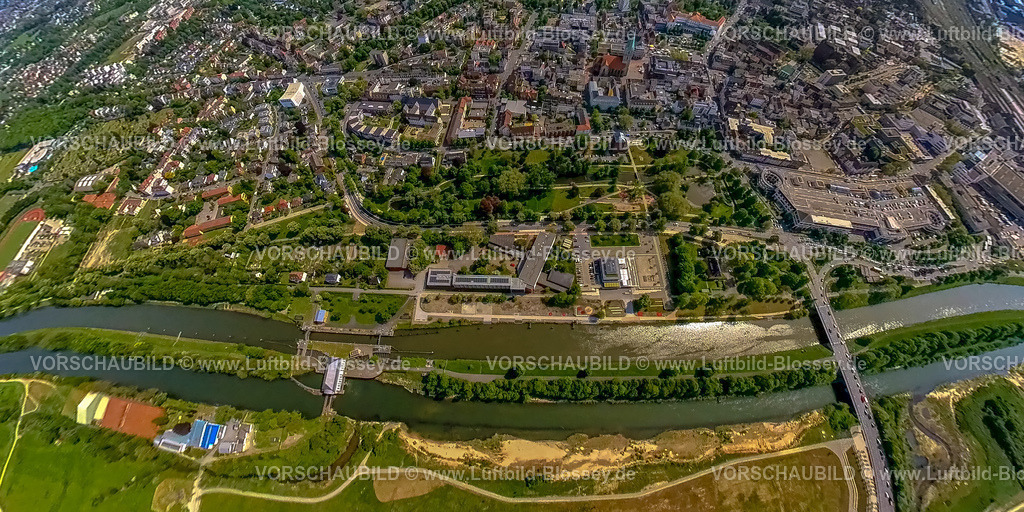 Hamm240590376Mitte_ErlebnisraumLippe | Luftbild, Erlebensraum LIppeaue, Fluss Lippe und Datteln-Hamm-Kanal, Gymnasium Hammonense und Wassersportzentrum, Schleuse Hamm, City Innenstadtansicht, Erdkugel, Fisheye Aufnahme, Fischaugen Aufnahme, 360 Grad Aufnahme, tiny world, little planet, fisheye Bild, Mitte, Hamm, Ruhrgebiet, Nordrhein-Westfalen, Deutschland