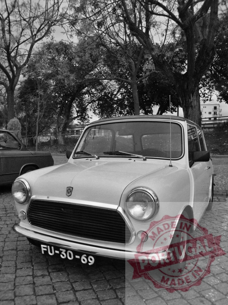 Classic Mini Cooper parked on cobblestone street under trees in black and white | Vintage Mini Cooper parked on a cobblestone street, surrounded by trees, in a timeless black and white composition - Realisiert mit Pictrs.com