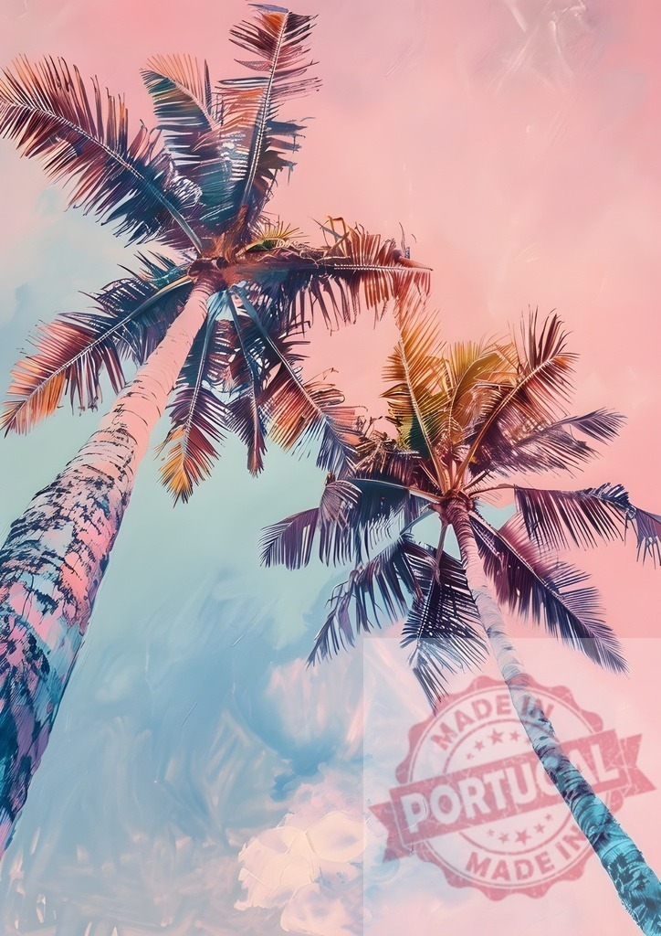 Tropical pastel palm trees reaching into the sky | Palm trees silhouetted against a pastel pink and blue tropical sky creating a serene summer scene - Realisiert mit Pictrs.com