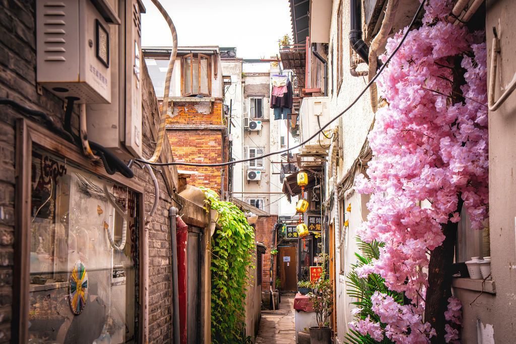 0Y9A8878-Verbessert-RR-Bearbeitet Kopie | Das Bild zeigt eine enge Gasse im bekannten Künstlerviertel Tianzifang in Shanghai, China.Das Viertel liegt an der Taikang Road im ehemaligen französischen Viertel von Shanghai.Es besteht aus einem dichten Netz aus schmalen Gassen und historischen Gebäuden aus den 1930er Jahren.Die ursprüngliche Nachbarschaft wurde vor dem Abriss bewahrt, weil sich Künstler und Anwohner zusammenschlossen, um den alten Charakter zu schützen - Realisiert mit Pictrs.com