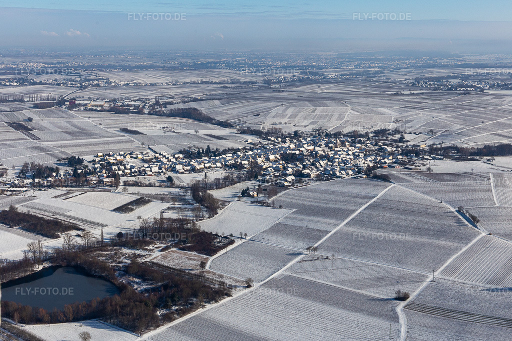 Luftbild: Winterluftbild im Schnee in Göcklingen im Bundesland Rheinland-Pfalz in Deutschland. Foto: IMG_124439.jpg vom 11.02.2021 durch Werner Riehm/FLY-FOTO.de