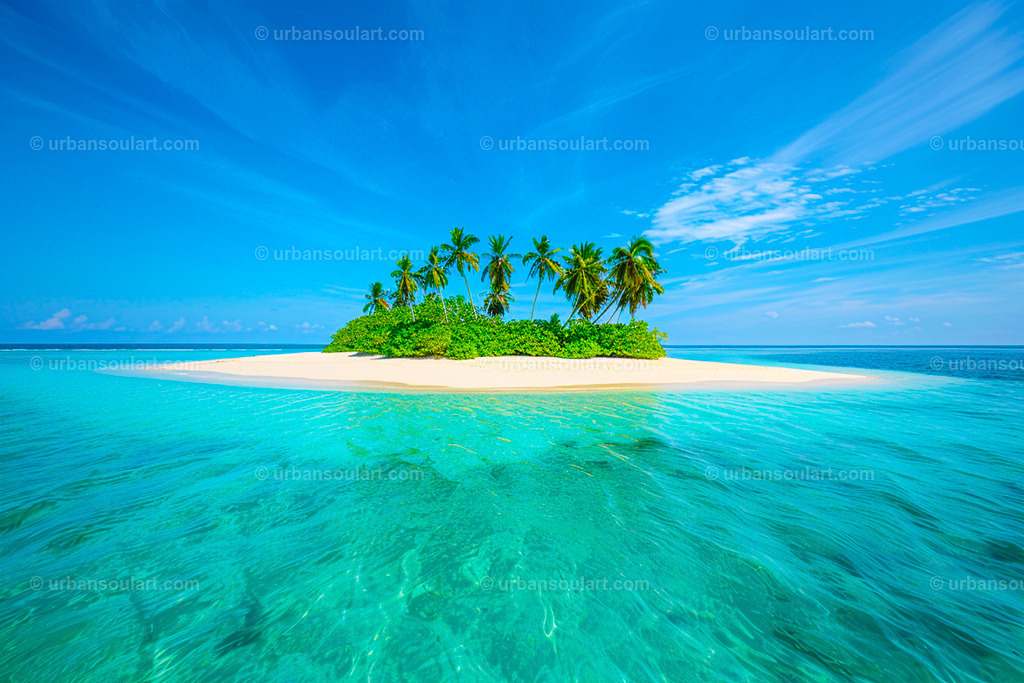 Tropical Island With White Beach And Palm Trees | A serene and beautiful image of a secluded tropical island with crystal-clear waters and lush palm trees. Ideal for those dreaming of a tranquil escape, this artwork brings the beauty of nature into your home. - Realisiert mit Pictrs.com