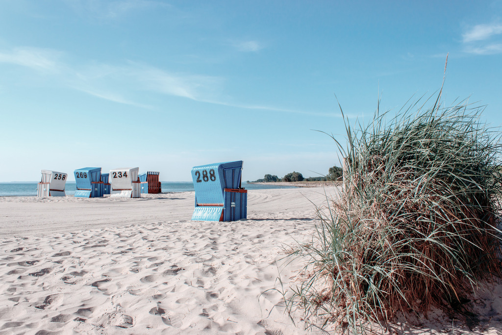 Wandbild: Traumhafter Sandstrand für Ihr Wohnzimmer | Dieses Wandbild im Querformat zeigt Strandkörbe in blau und weiß am Sandstrand in dezenten Farben. Auf der rechten Seite befindet sich Strandhafer. Am schönen blauen hellblauen Himmel sind nur einige weiße Schleierwolken zu sehen. Holen Sie sich mit diesem dekorativen Wandbild den Strandurlaub für das ganze Jahr nach Hause oder an den Arbeitsplatz. Es ist auf Leinwand, auf Aluminium-Platte, Acrylglas oder als Holzdruck erhältlich. Die Wandbilder werden individuell für Sie in vielen Abmessungen produziert. Daher passen die Ostseekult Wandbilder immer perfekt an Ihre Wände. - Realisiert mit Pictrs.com