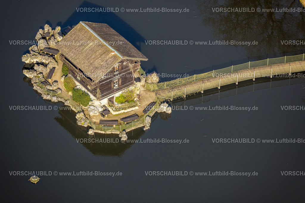 Isselburg240314045 | Luftbild, See mit Schweizer Häuschen im See, Holzbrücke, BiotopWildpark Anholter Schweiz, Vehlingen, Isselburg, Nordrhein-Westfalen, Deutschland