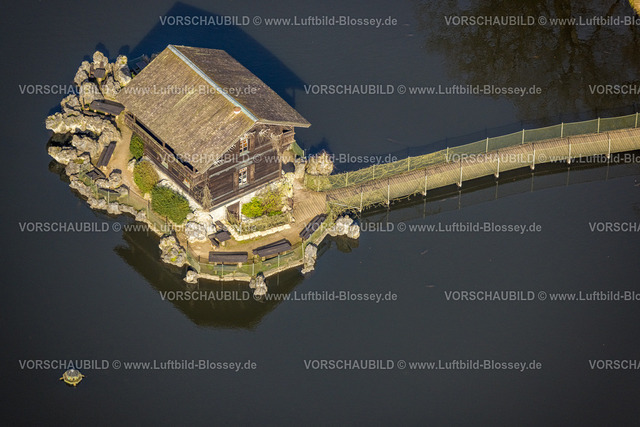 Isselburg240314045 | Luftbild, See mit Schweizer Häuschen im See, Holzbrücke, BiotopWildpark Anholter Schweiz, Vehlingen, Isselburg, Nordrhein-Westfalen, Deutschland
