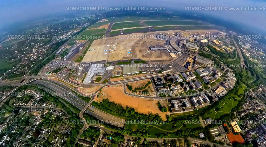 Duesseldorf240590052-AirportCity_FlughafenDuesseldorf | Luftbild, Internationaler Flughafen Düsseldorf, DUS Airport, Startbahn und Landebahn mit Empfangsgebäude, Geschäftszentrum Flughafenstraße, Autobahn A44 mit Flughafentunnel Überdachung, Erdkugel, Fisheye Aufnahme, Fischaugen Aufnahme, 360 Grad Aufnahme, tiny world, little planet, fisheye Bild, Lohausen, Düsseldorf, Nordrhein-Westfalen, Deutschland