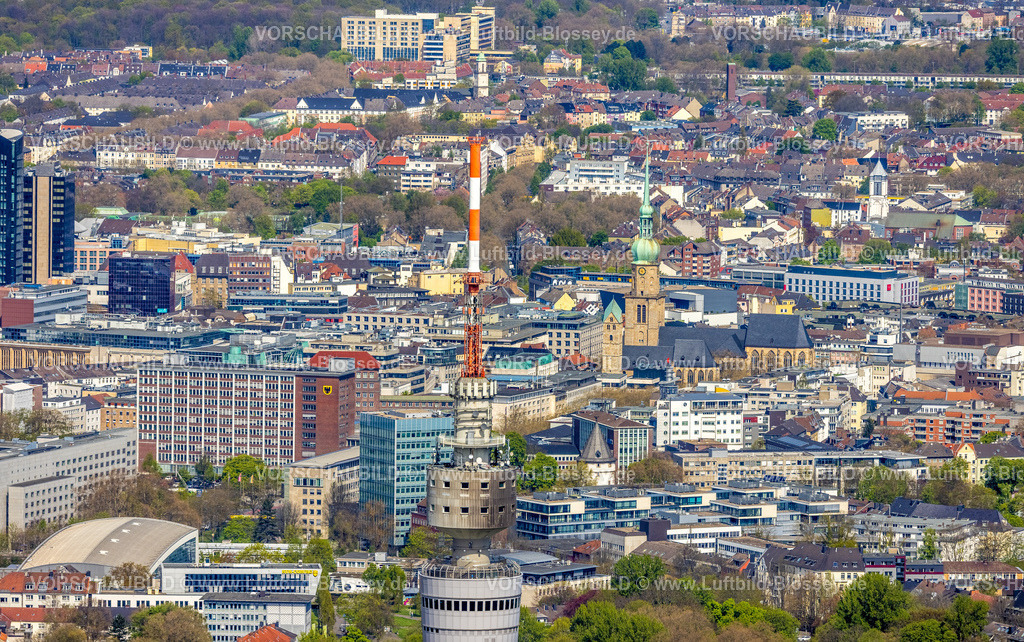 Dortmund230402012 | Luftbild, City, Turmspitze des Florianturms mit Blick zur evang. Stadtkirche St Marien und Reinoldikirche, Ruhrallee, Dortmund, Ruhrgebiet, Nordrhein-Westfalen, Deutschland