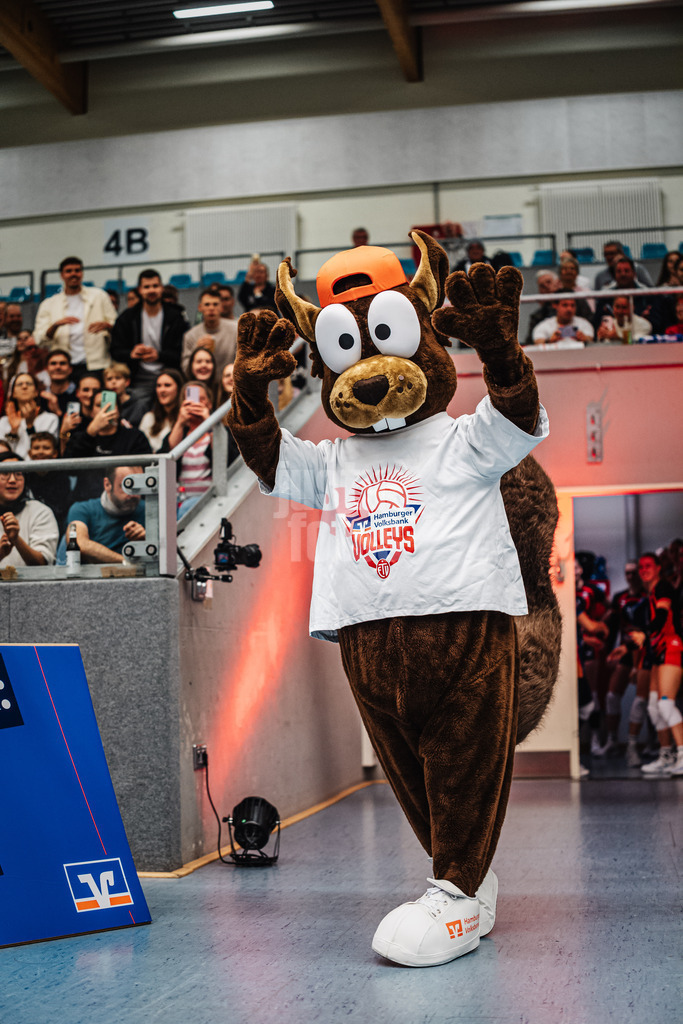 Volleyball | Frauen | Saison 2025/2026 | Volleyball Bundesliga | ETV Hamburger Volksbank Volleys vs. Dresdner SC | 15.11.2025 | Richy Reichhörnchen Maskottchen läuft in die Arena ein