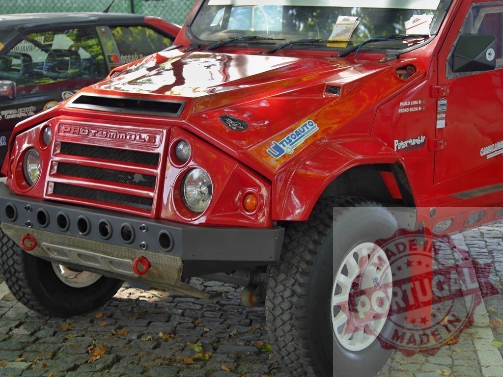 Red PROTUMMUL off-road rally race car | Red PROTUMMUL rally car parked on cobblestones showcasing its rugged design - Realized with Pictrs.com