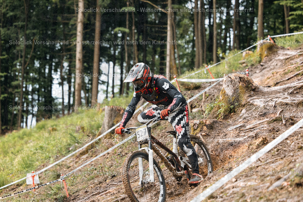 Mountainbike-Abenteuer im Schnee | Ein Mountainbiker in voller Ausrüstung rast einen steilen, verschneiten Hang hinunter. Er trägt einen roten Helm mit schwarzen Akzenten, eine rote und schwarze Jacke, Handschuhe und Stiefel. Das Gelände ist mit Bäumen und Büschen bewachsen. Es regnet leicht. - Realisiert mit Pictrs.com