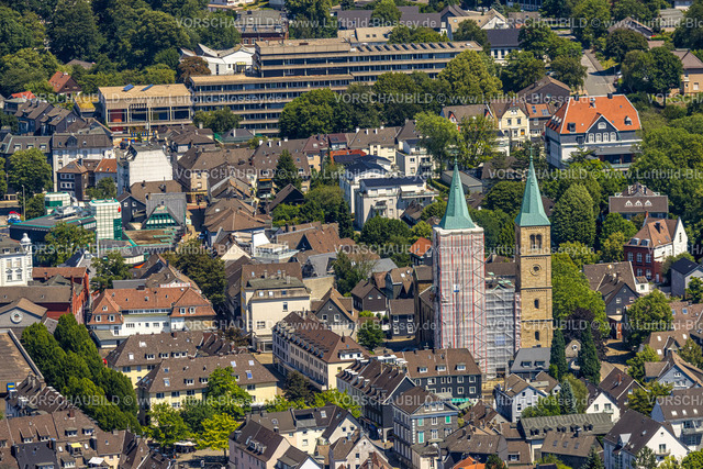 Schwelm230708815 | Luftbild, Evang. Christuskirche, Baustelle mit Renovierung und verhülltem Kirchturm, Schwelm, Ruhrgebiet, Nordrhein-Westfalen, Deutschland