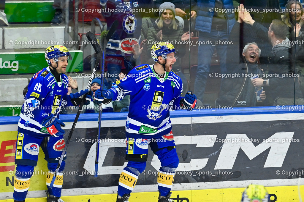 EC VSV vs. HC Bozen 16.2.2024 | Jubel EC VSV, #46 WALL Alex,   #55 SABOLIC Robert,  EC VSV vs. HC Bozen 16.2.2024, EC VSV vs. HC Bozen 16.2.2024 am 16.02.2024 in Villach (Stadthalle Villach), Austria, (Photo by Bernd Stefan)