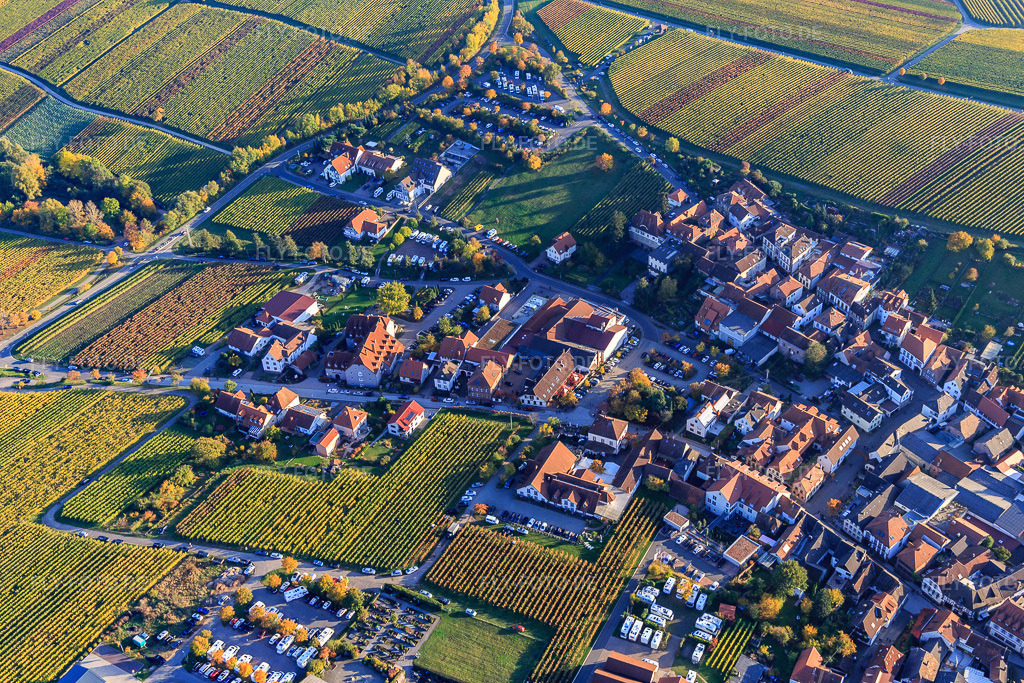 Luftbild: Maikammerer Straße mit Weingut Gernert - Landhotel Garni, Wein & Sekthaus Alois Kiefer GmbH - Vinothek, ­Wein & Sekthof Holger Schneider und Hotel Consulat des Weins im Ortsteil SaintMartin in Sankt Martin im Bundesland Rheinland-Pfalz in Deutschland.Foto: IMG_095628.jpg vom 30.10.2016 durch Werner Riehm/FLY-FOTO.deWWW.WEINGUTGERNERT.DELogo Alois KieferHolger Schneider / Weingut Pfalz / Qualitätsweine vom ErzeugerHerrengut: herrengut St. Martin & Consulat des Weins