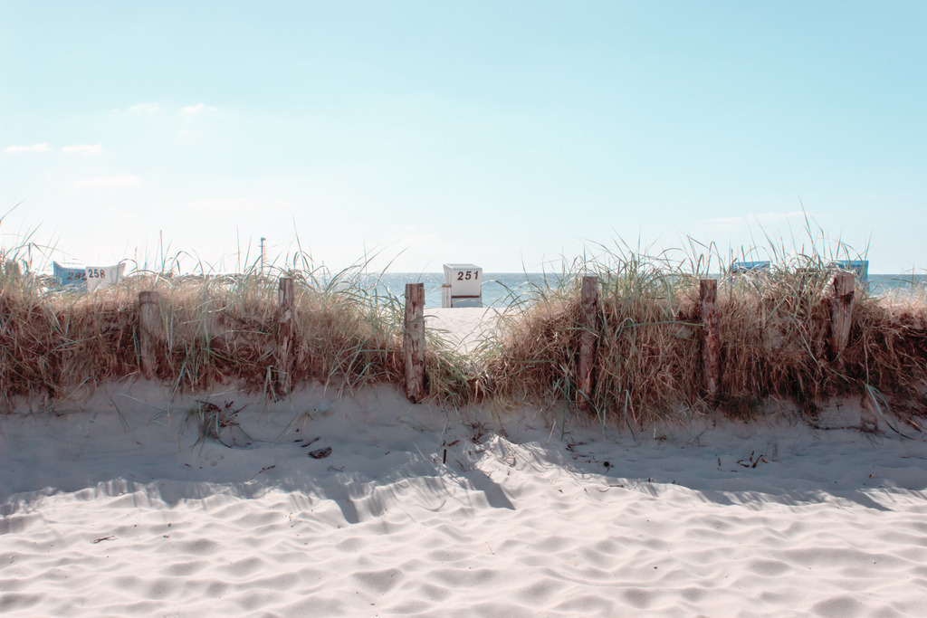 Wandbild: Strandhafer und Strandkorb am Meer | Dieses Wandbild im Querformat zeigt einen Sandfang der mit  Strandhafer bewachsen ist. Durch eine kleine Lücke im Strandhafer kann man einen Strandkorb am Meer sehen. Auf dem Sandstrand im Vordergrund sind die Schatten des Strandhafers zu sehen. Dieses sommerliche Strandmotiv lädt zum Träumen ein. Holen Sie sich mit diesem dekorativen Wandbild den Strandurlaub für das ganze Jahr nach Hause oder an den Arbeitsplatz. Es ist auf Leinwand, auf Aluminium-Platte, Acrylglas oder als Holzdruck erhältlich. Die Wandbilder werden individuell für Sie in vielen Abmessungen produziert. Daher passen die Ostseekult Wandbilder immer perfekt an Ihre Wände. - Realisiert mit Pictrs.com