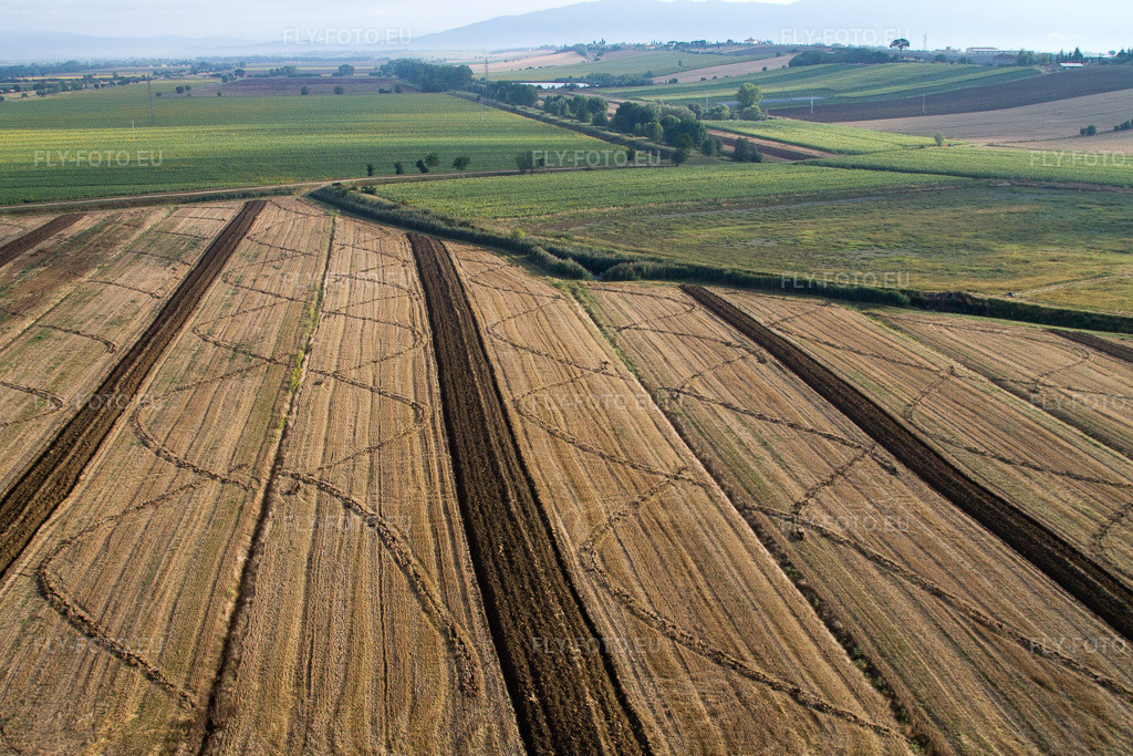 Vue aérienne: Champ de maïs récolté structure le paysage dans un champ de céréales à Anatraia à Castiglion Fiorentino dans le département Arezzo, Italie. Photo: IMG_43620.jpg prise le 27/07/2011 par Werner Riehm/FLY-FOTO.eu – Résolution de l'original: 4272 x 2848 px