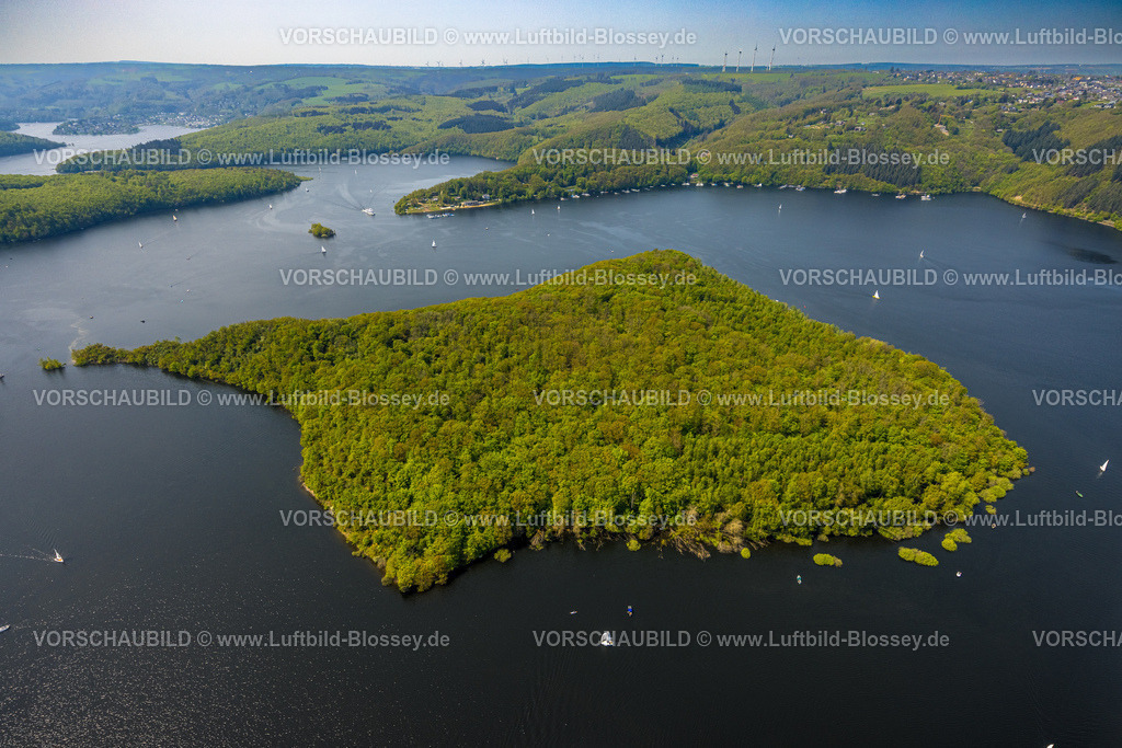 Heimrath240501898Rursee | Luftbild, Rursee mit Insel Eichert, Rurtalsperre Schwammenauel und Rursee-Schifffahrt mit Segelbooten, Waldgebiet Hügel und Täler, Nationalpark Eifel, Hasenfeld, Heimbach, Nordrhein-Westfalen, Deutschland